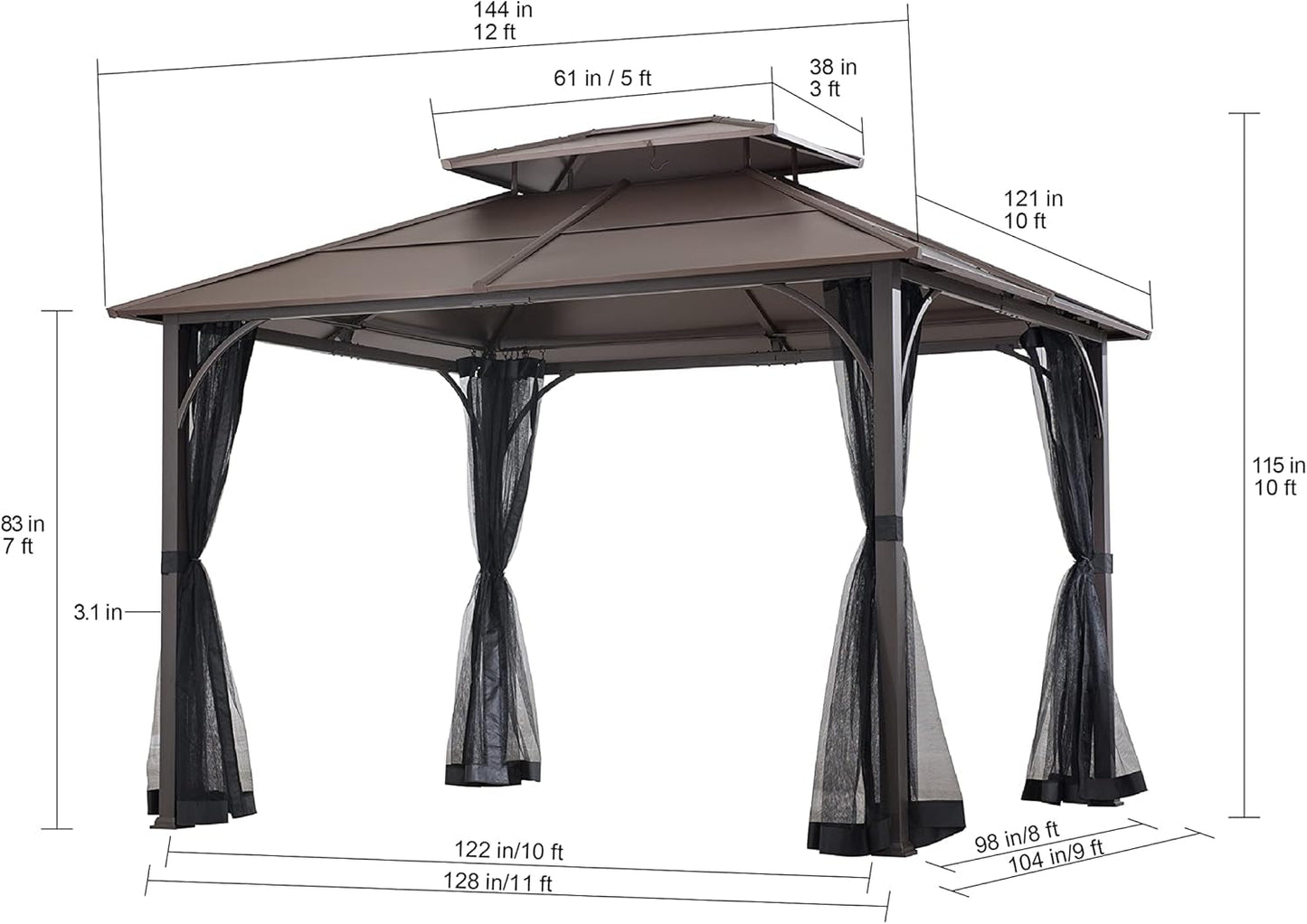 10x12 Hardtop Gazebo Steel Frame Netting Brown-4