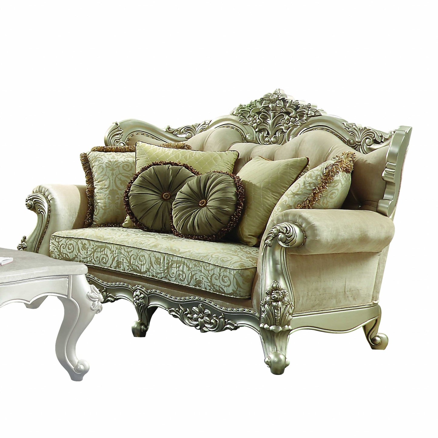 72" Green And Light Green Polyester Blend Damask Chesterfield Loveseat and Toss Pillows-1