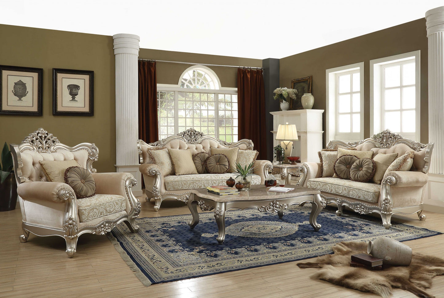 72" Green And Light Green Polyester Blend Damask Chesterfield Loveseat and Toss Pillows-5