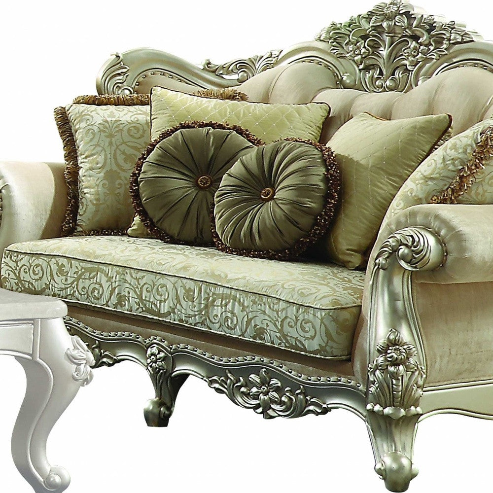72" Green And Light Green Polyester Blend Damask Chesterfield Loveseat and Toss Pillows-3