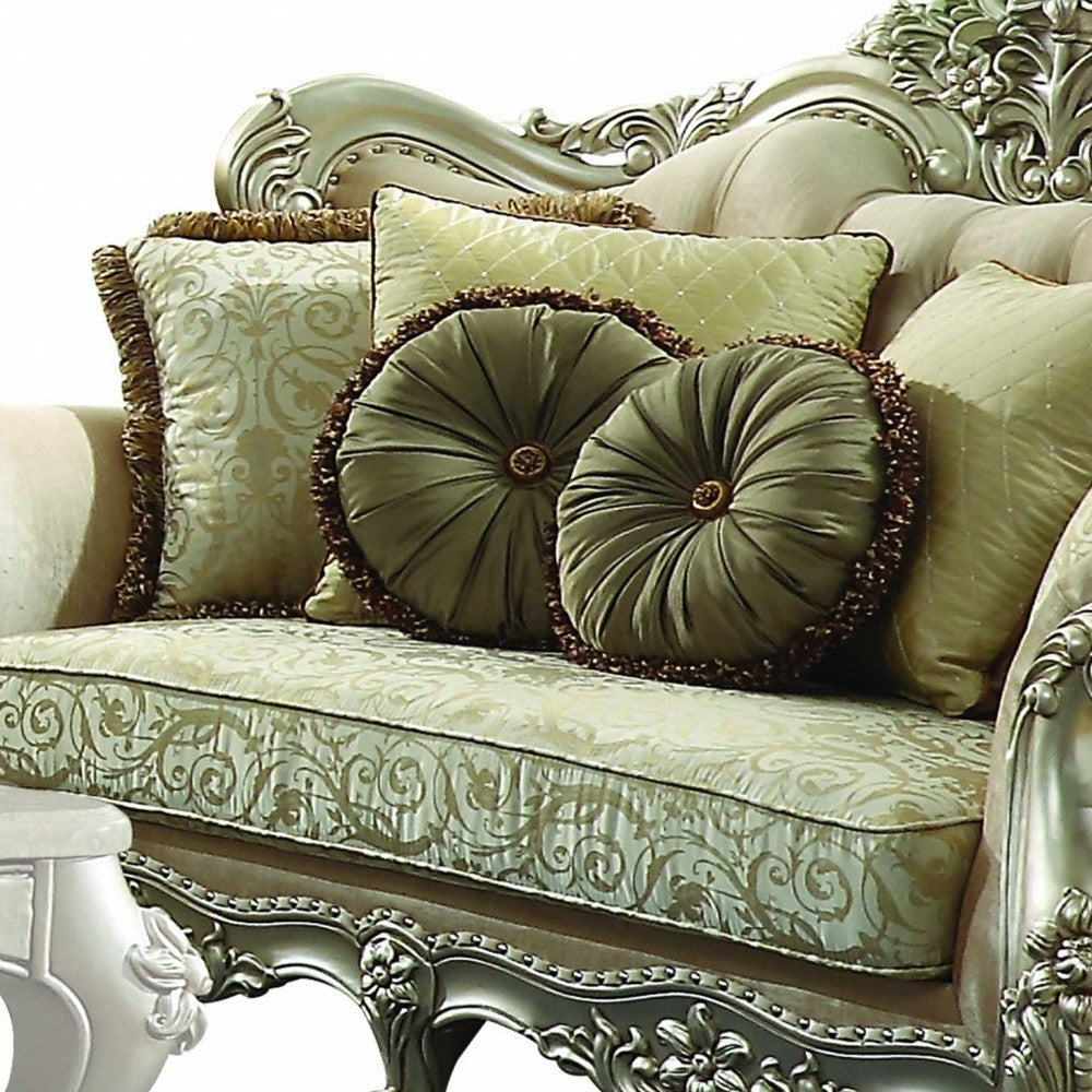 72" Green And Light Green Polyester Blend Damask Chesterfield Loveseat and Toss Pillows-4