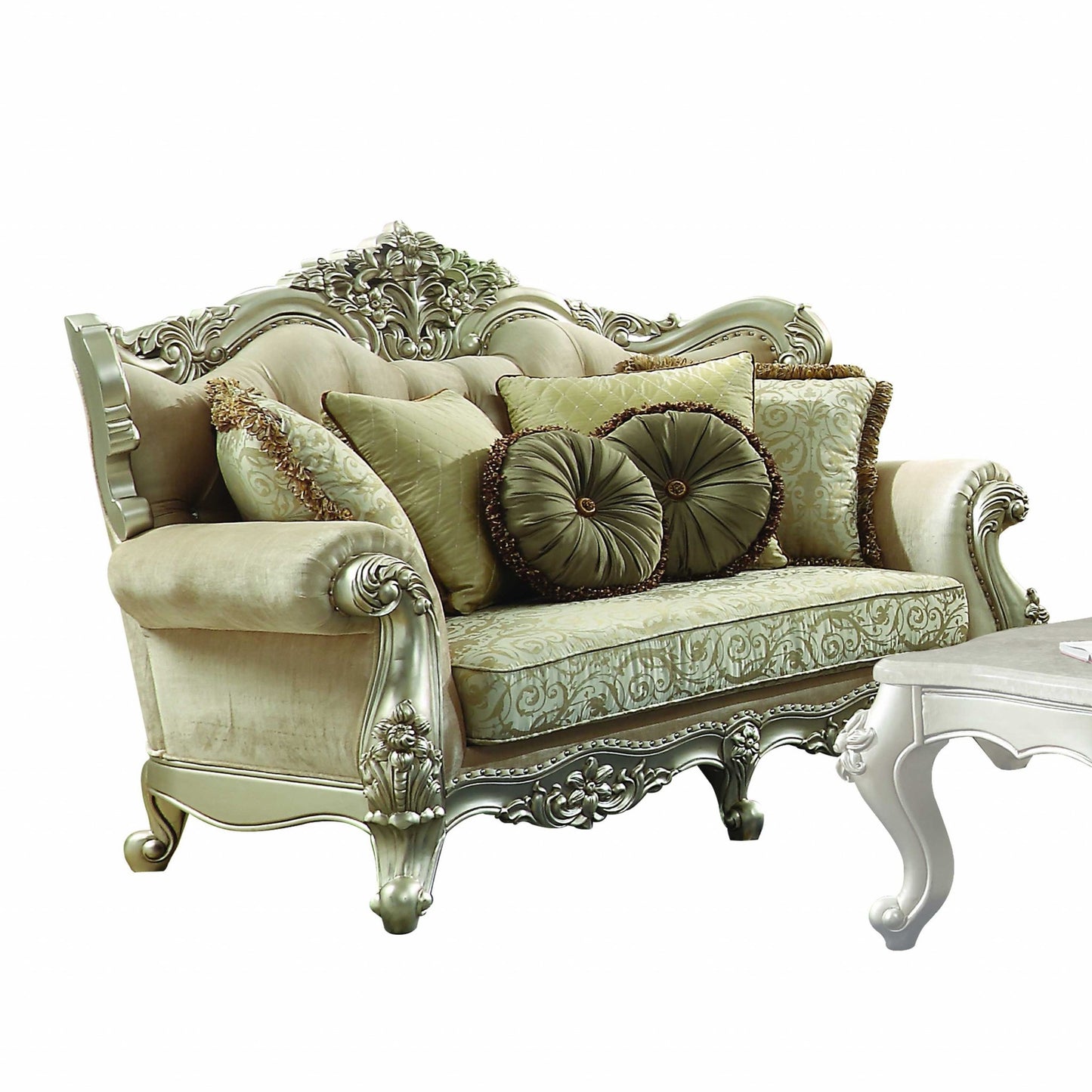 72" Green And Light Green Polyester Blend Damask Chesterfield Loveseat and Toss Pillows-2