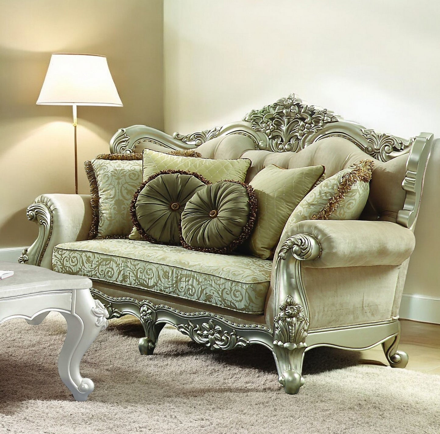 72" Green And Light Green Polyester Blend Damask Chesterfield Loveseat and Toss Pillows-0
