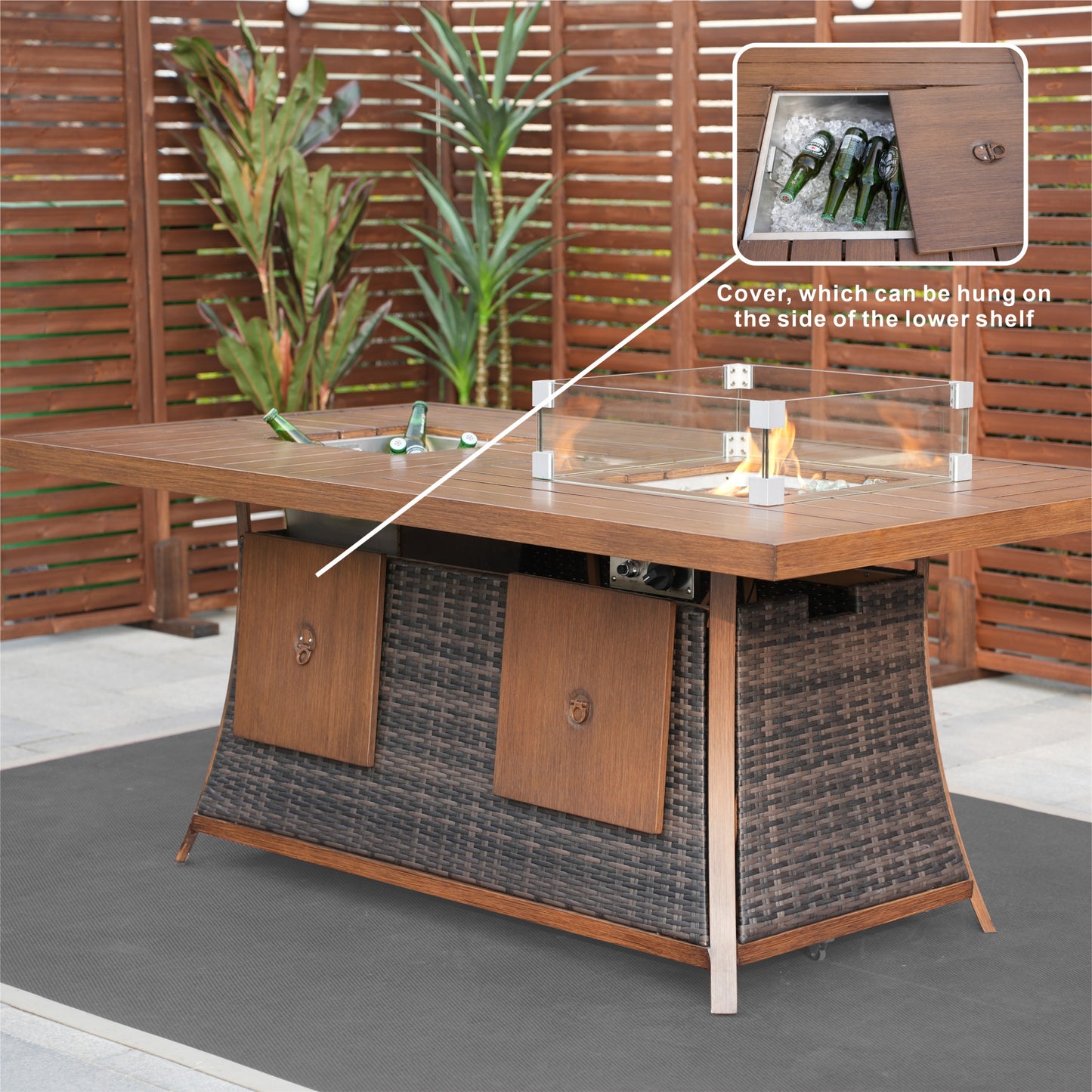 Brown Wicker Outdoor Gas Fire Pit Table with Ice Bucket-4