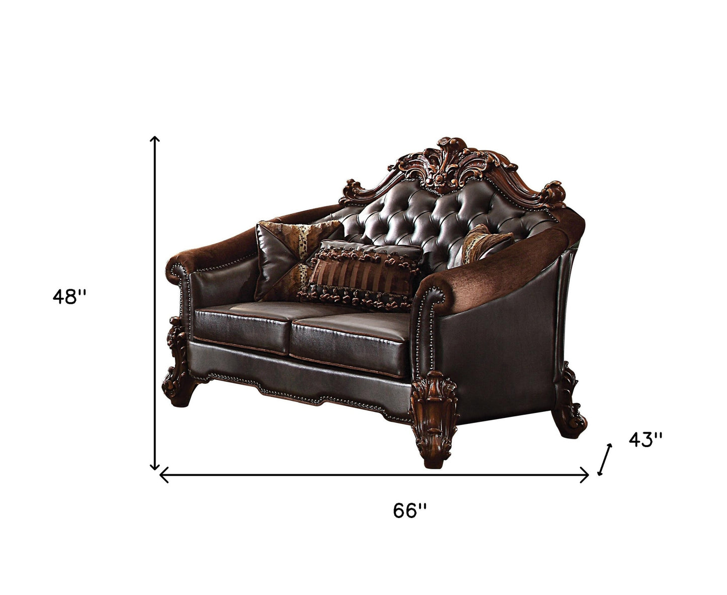 66" Brown And Dark Brown Chenille And Faux Leather Loveseat and Toss Pillows-4