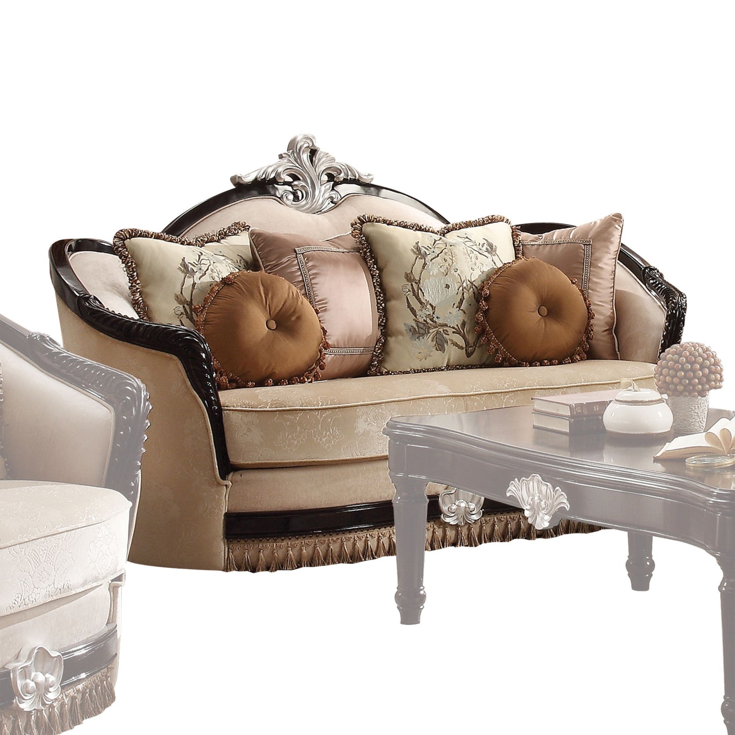 75" Tan Velvet Curved Loveseat and Toss Pillows-2