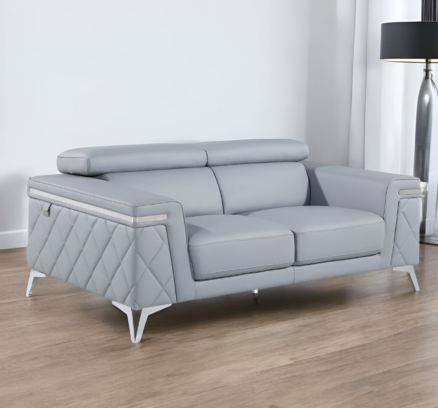 70" Light Blue And Silver Metallic Top Grain Leather Loveseat-1