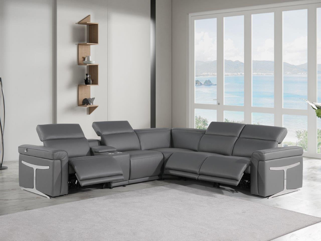 Gray Italian Leather Modular L Shaped Seven Piece Corner Sectional With Console-8