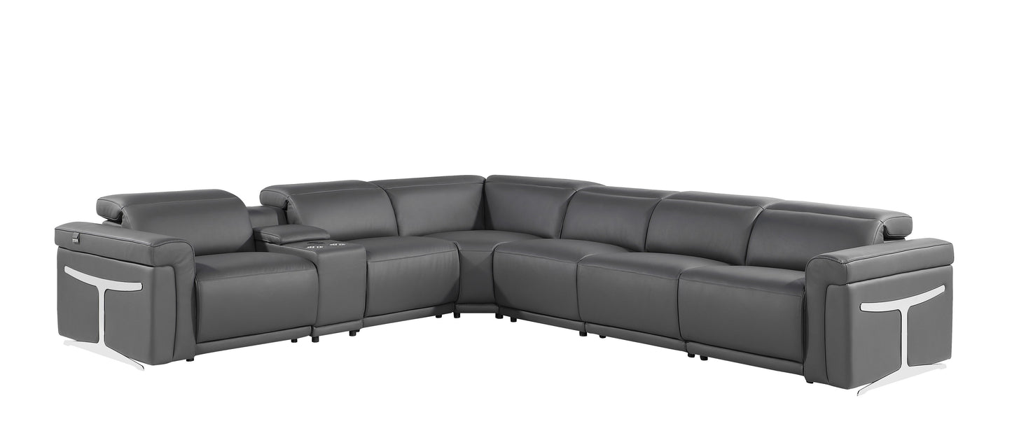 Gray Italian Leather Modular L Shaped Seven Piece Corner Sectional With Console-1