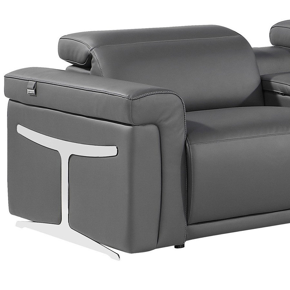 Gray Italian Leather Modular L Shaped Seven Piece Corner Sectional With Console-4