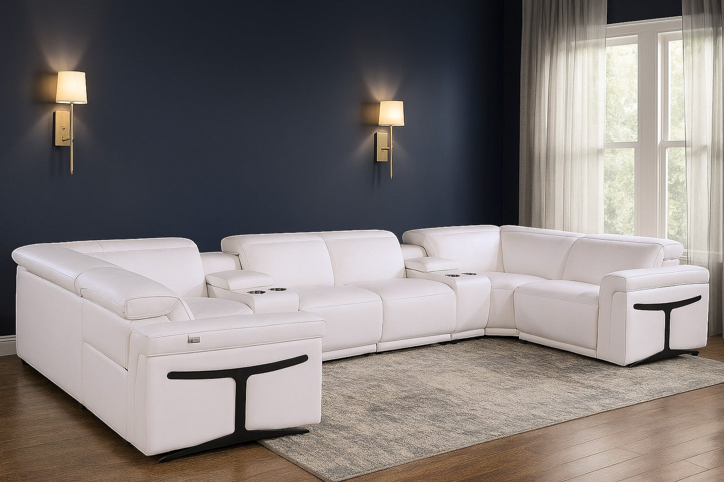 White Italian Leather Power Reclining U Shaped Eight Piece Corner Sectional With Console-1