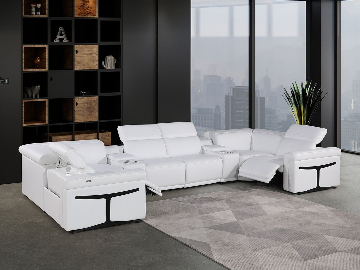 White Italian Leather Power Reclining U Shaped Eight Piece Corner Sectional With Console-8