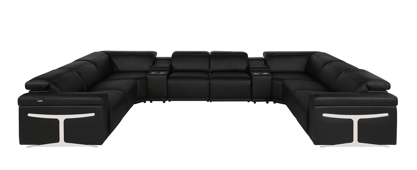Black Italian Leather Power Reclining U Shaped Ten Piece Corner Sectional With Console-1