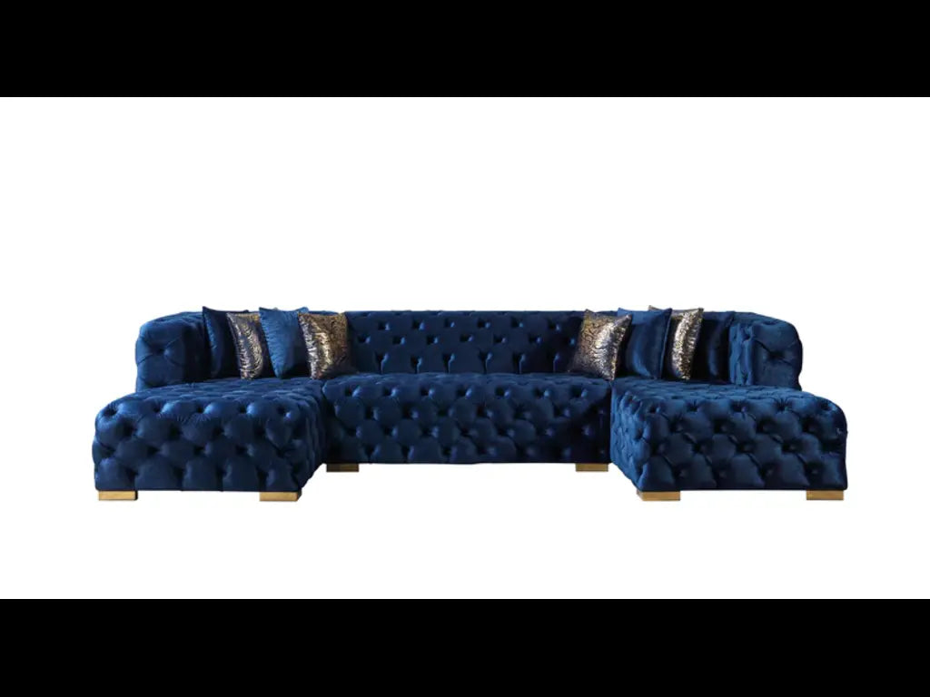 Tufted Blue Velvet Modular U Shaped Sofa and Chaise Sectional With Toss Pillows-5