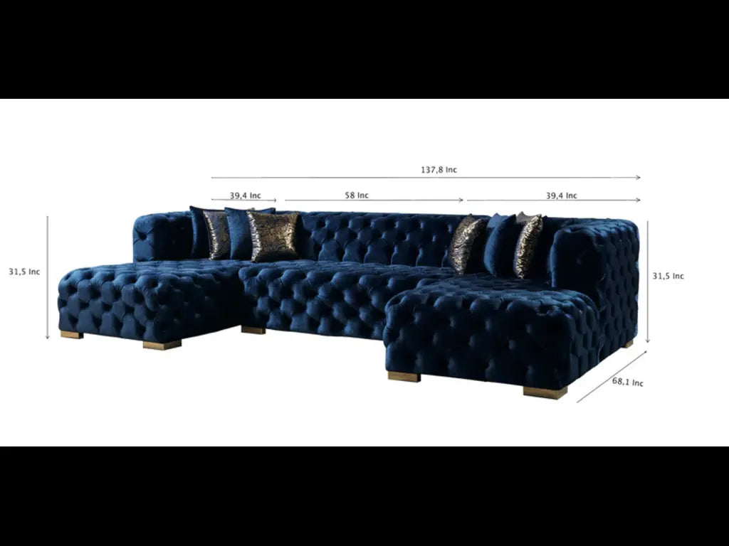Tufted Blue Velvet Modular U Shaped Sofa and Chaise Sectional With Toss Pillows-7