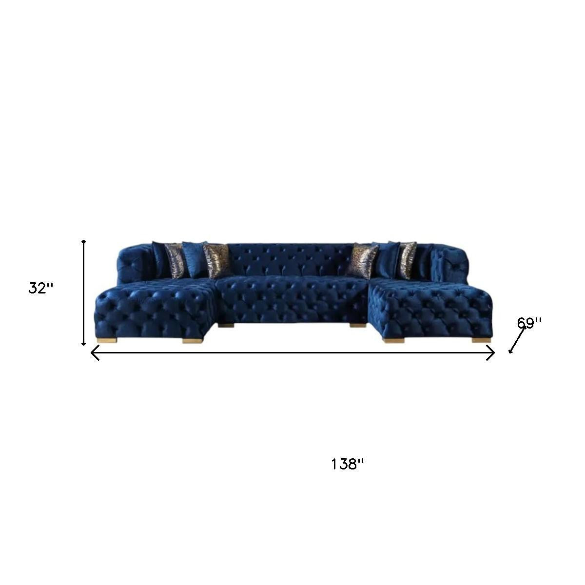 Tufted Blue Velvet Modular U Shaped Sofa and Chaise Sectional With Toss Pillows-6