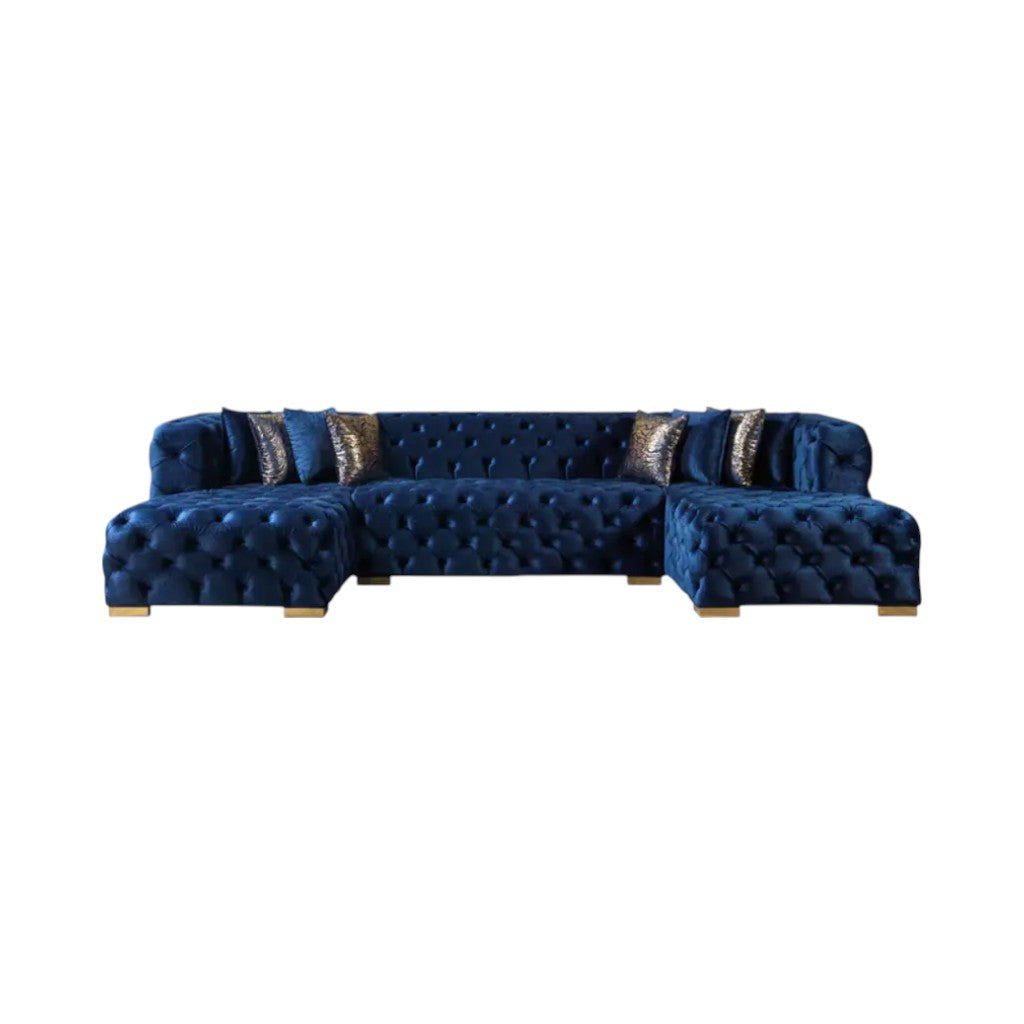 Tufted Blue Velvet Modular U Shaped Sofa and Chaise Sectional With Toss Pillows-0