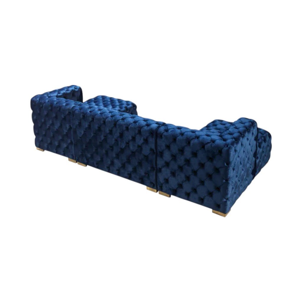 Tufted Blue Velvet Modular U Shaped Sofa and Chaise Sectional With Toss Pillows-2