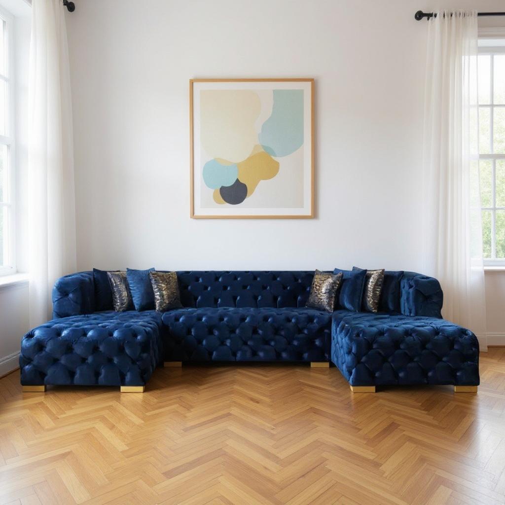 Tufted Blue Velvet Modular U Shaped Sofa and Chaise Sectional With Toss Pillows-1