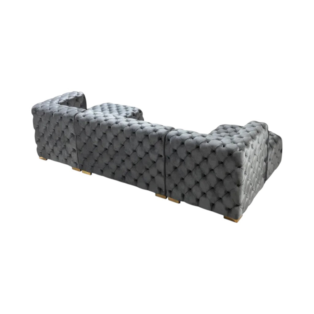 Tufted Gray Velvet Modular U Shaped Sofa and Chaise Sectional With Toss Pillows-2