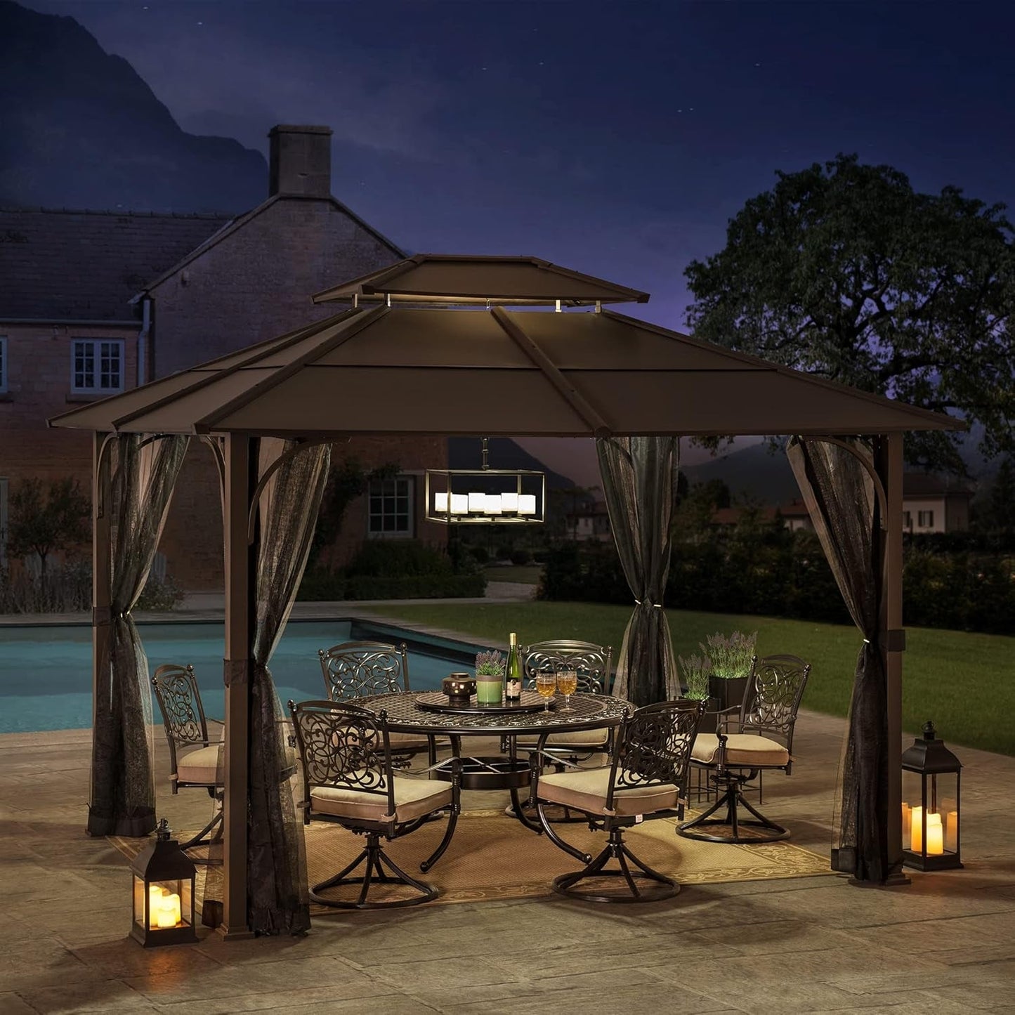 10x12 Hardtop Gazebo Steel Frame Netting Brown-2