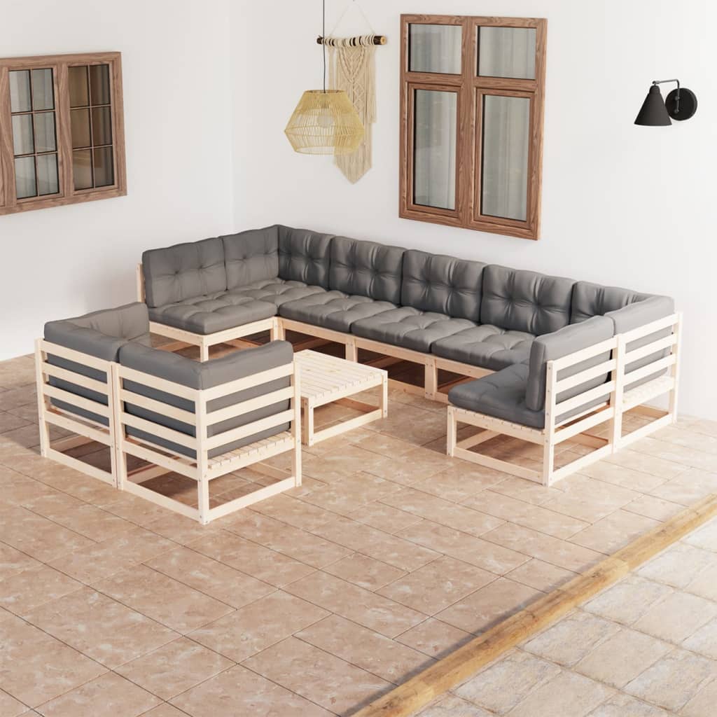 vidaXL 10 Piece Patio Lounge Set with Cushions Solid Wood Pine-4