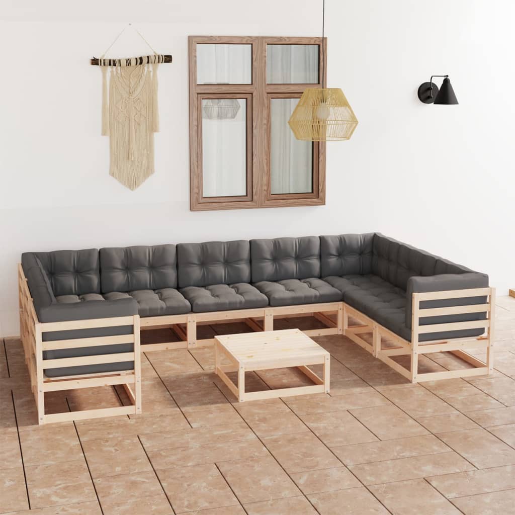 vidaXL 10 Piece Patio Lounge Set with Cushions Solid Wood Pine-4