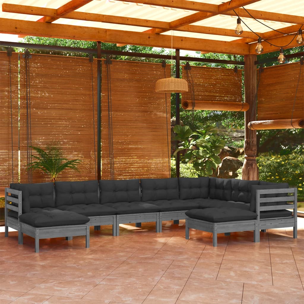 9-piece black solid pine wood garden lounge set with cushions.