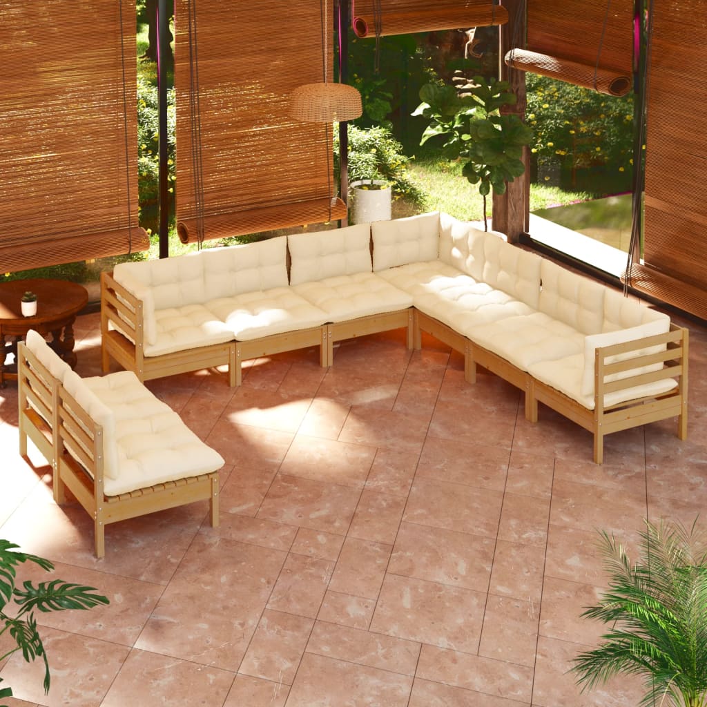 vidaXL 9 Piece Patio Lounge Set with Cream Cushions Solid Pinewood-4