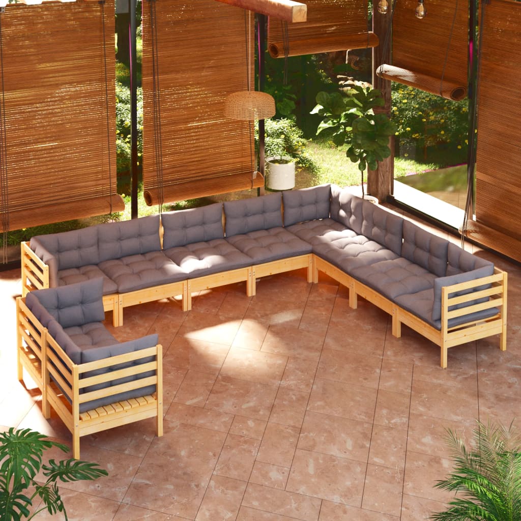 vidaXL Solid Pinewood Patio Lounge Set 10 Piece with Cushions Multi Colors-7