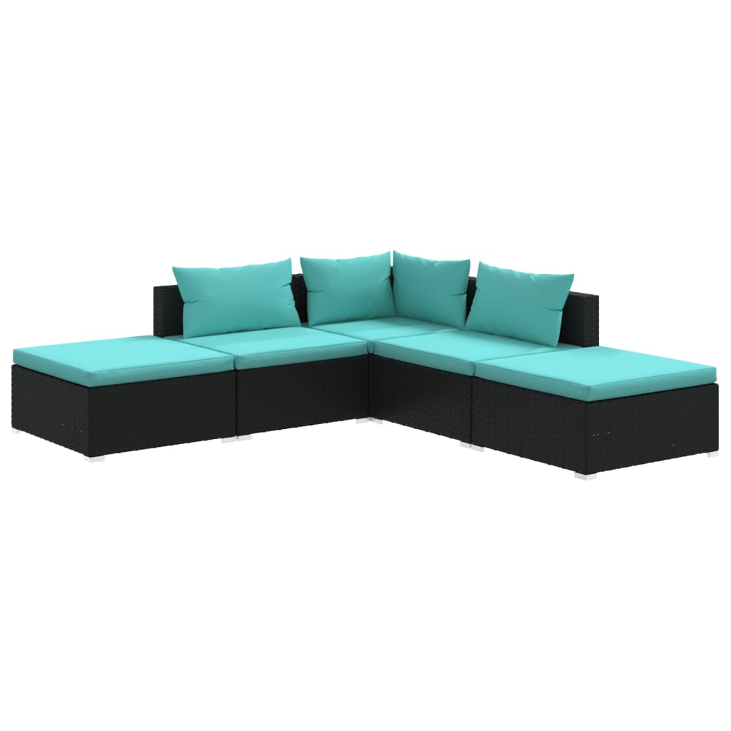 vidaXL 5 Piece Patio Lounge Set with Cushions Poly Rattan Black-0