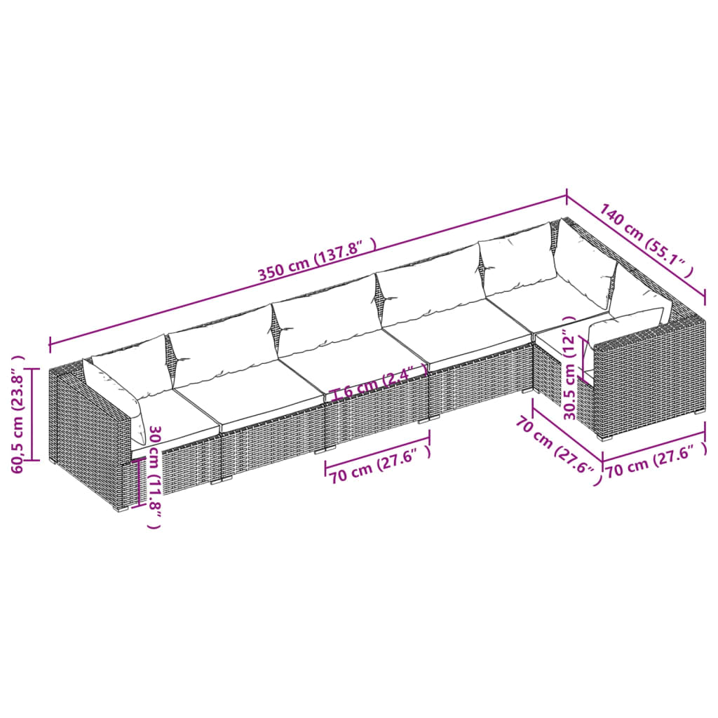 vidaXL 6 Piece Patio Lounge Set with Cushions Poly Rattan Gray-3