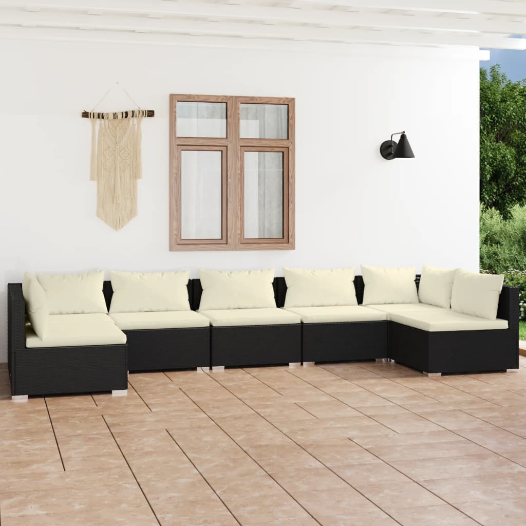 vidaXL 7 Piece Patio Lounge Set with Cushions Poly Rattan Black-0