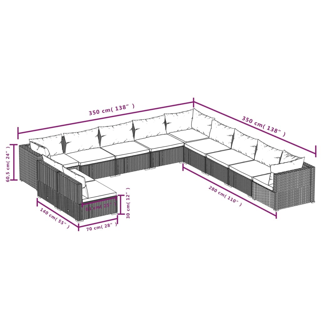 vidaXL 11 Piece Patio Lounge Set with Cushions Brown Poly Rattan-3