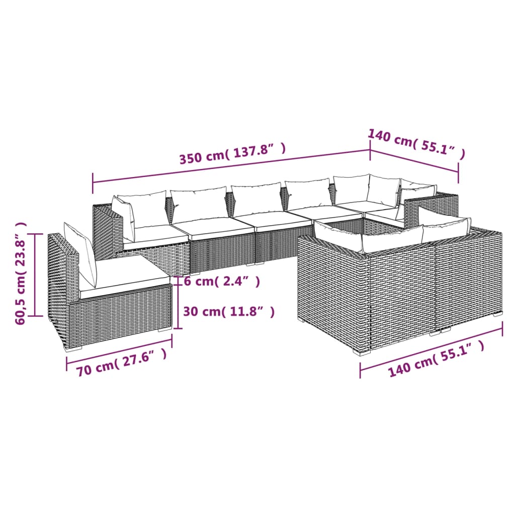 vidaXL 9 Piece Patio Lounge Set with Cushions Poly Rattan Brown-3