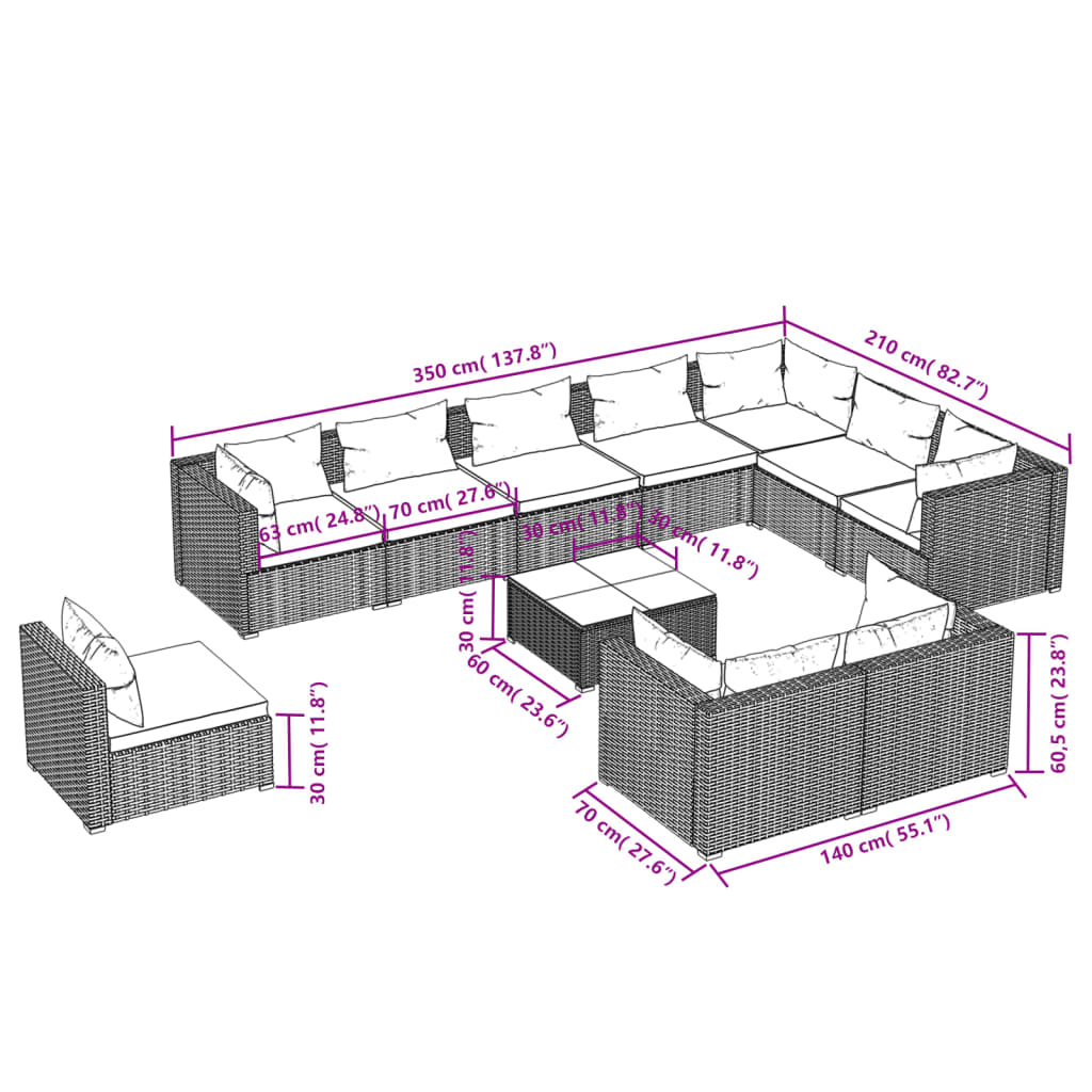 vidaXL 11 Piece Patio Lounge Set with Cushions Poly Rattan Brown-4