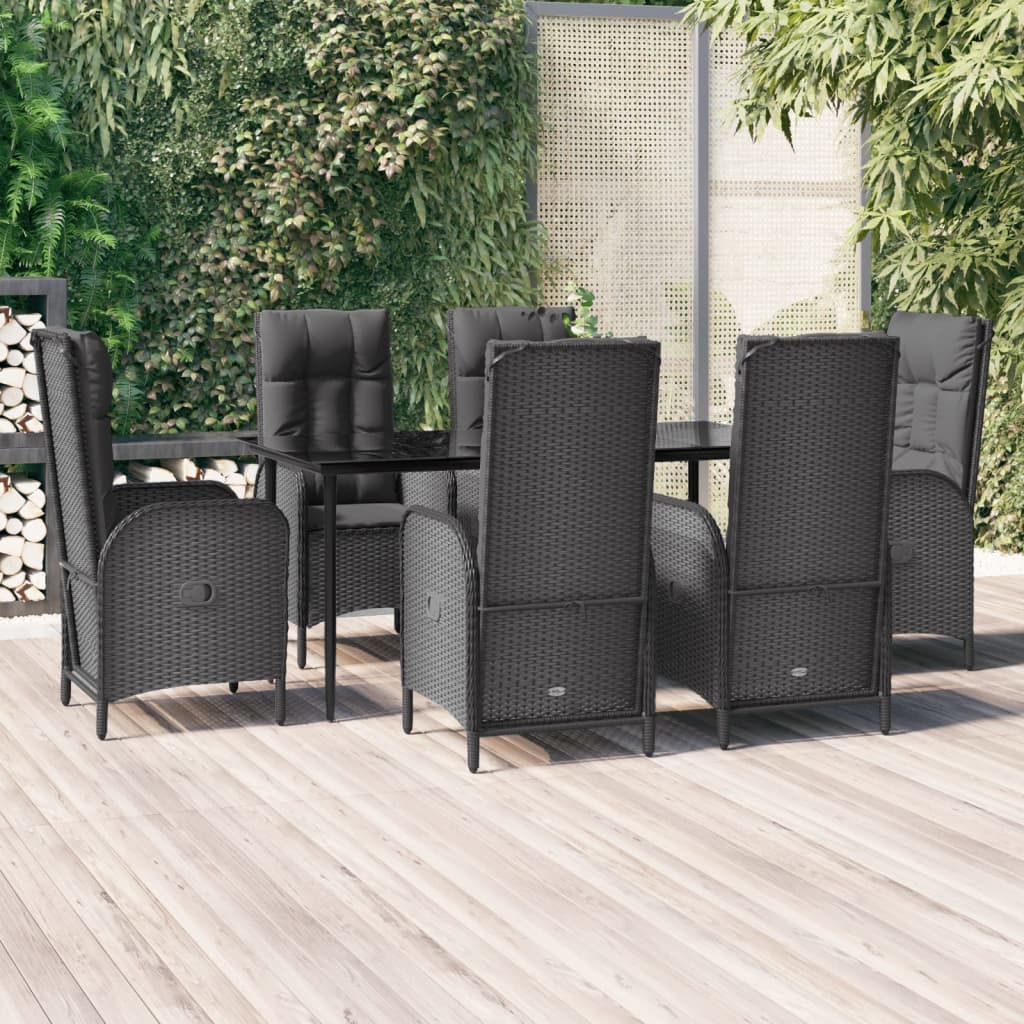 Modern 7-piece black poly rattan garden dining set with cushions and tempered glass table.