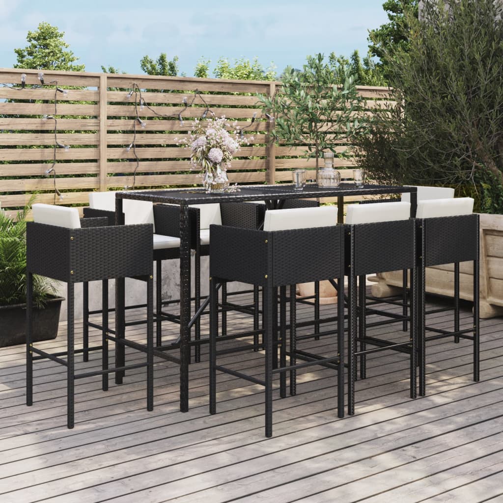9-piece black poly rattan garden bar set