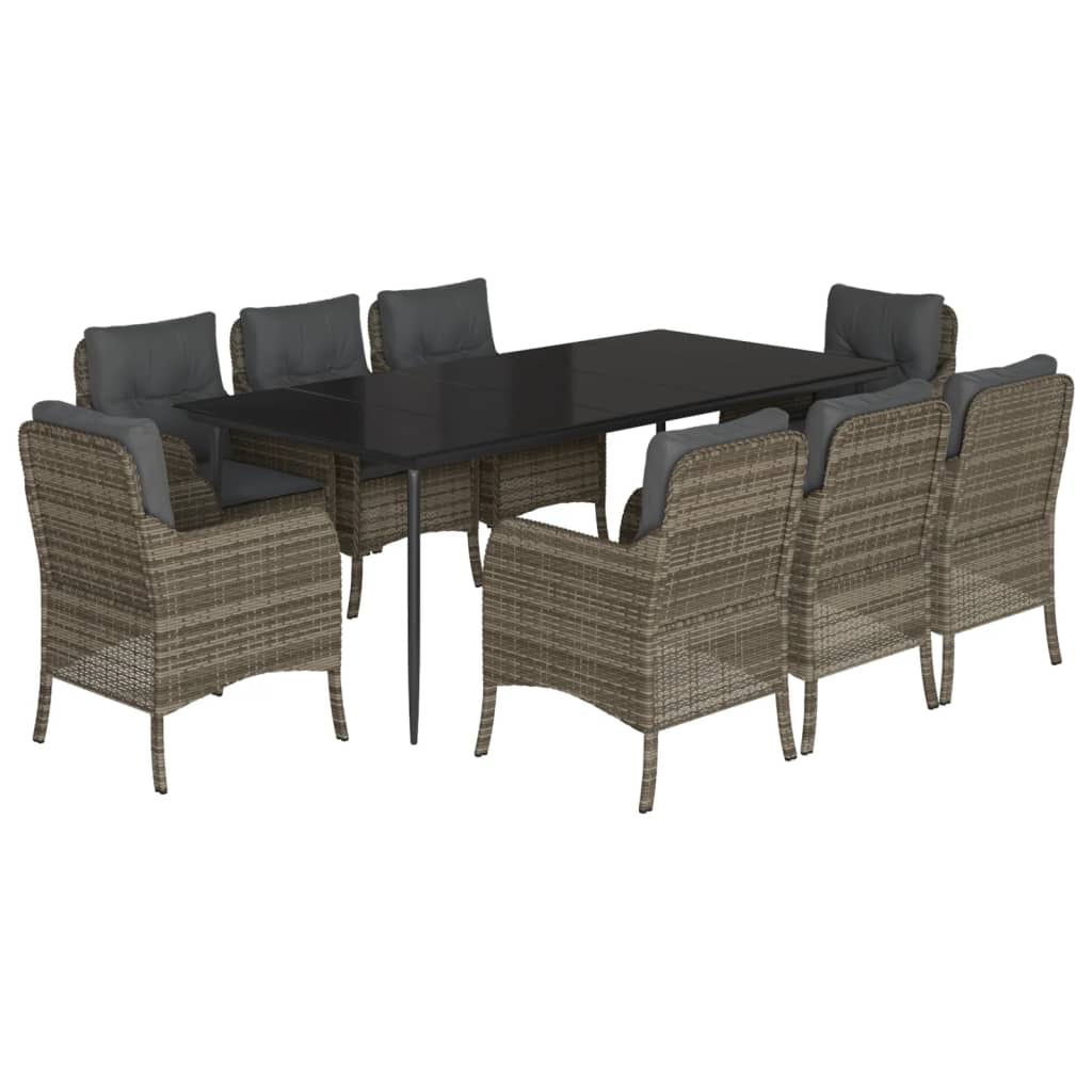 vidaXL 9 Piece Patio Dining Set with Cushions Gray Poly Rattan-1
