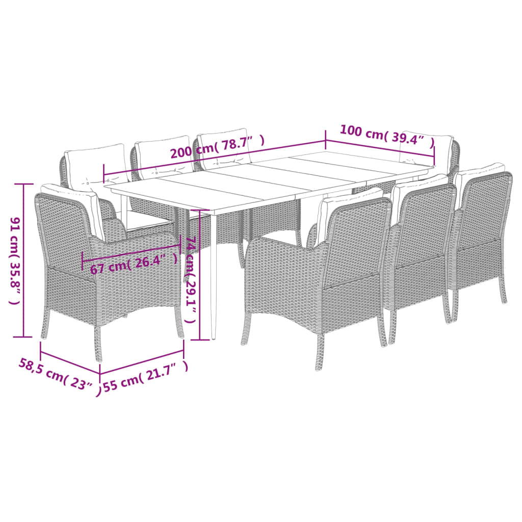 vidaXL 9 Piece Patio Dining Set with Cushions Gray Poly Rattan-2