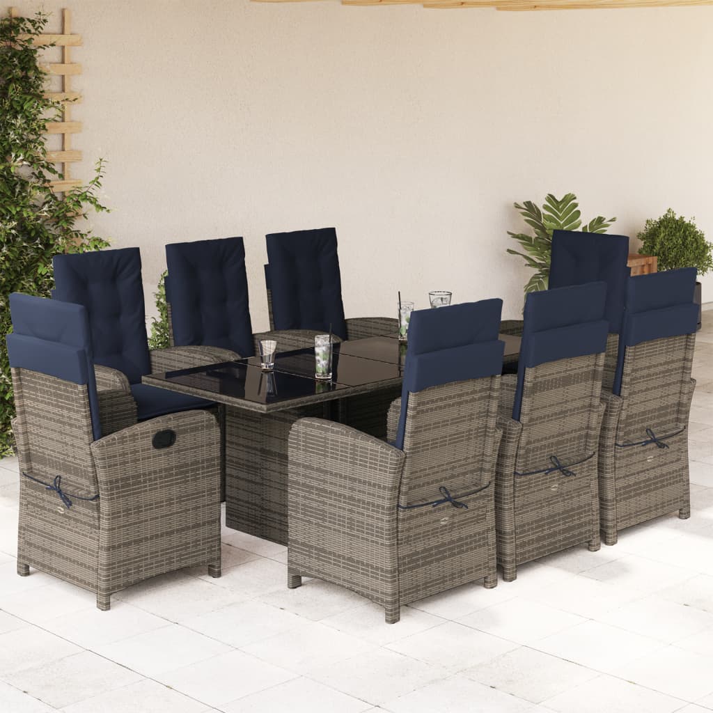 vidaXL 9 Piece Patio Dining Set with Cushions Gray Poly Rattan-0