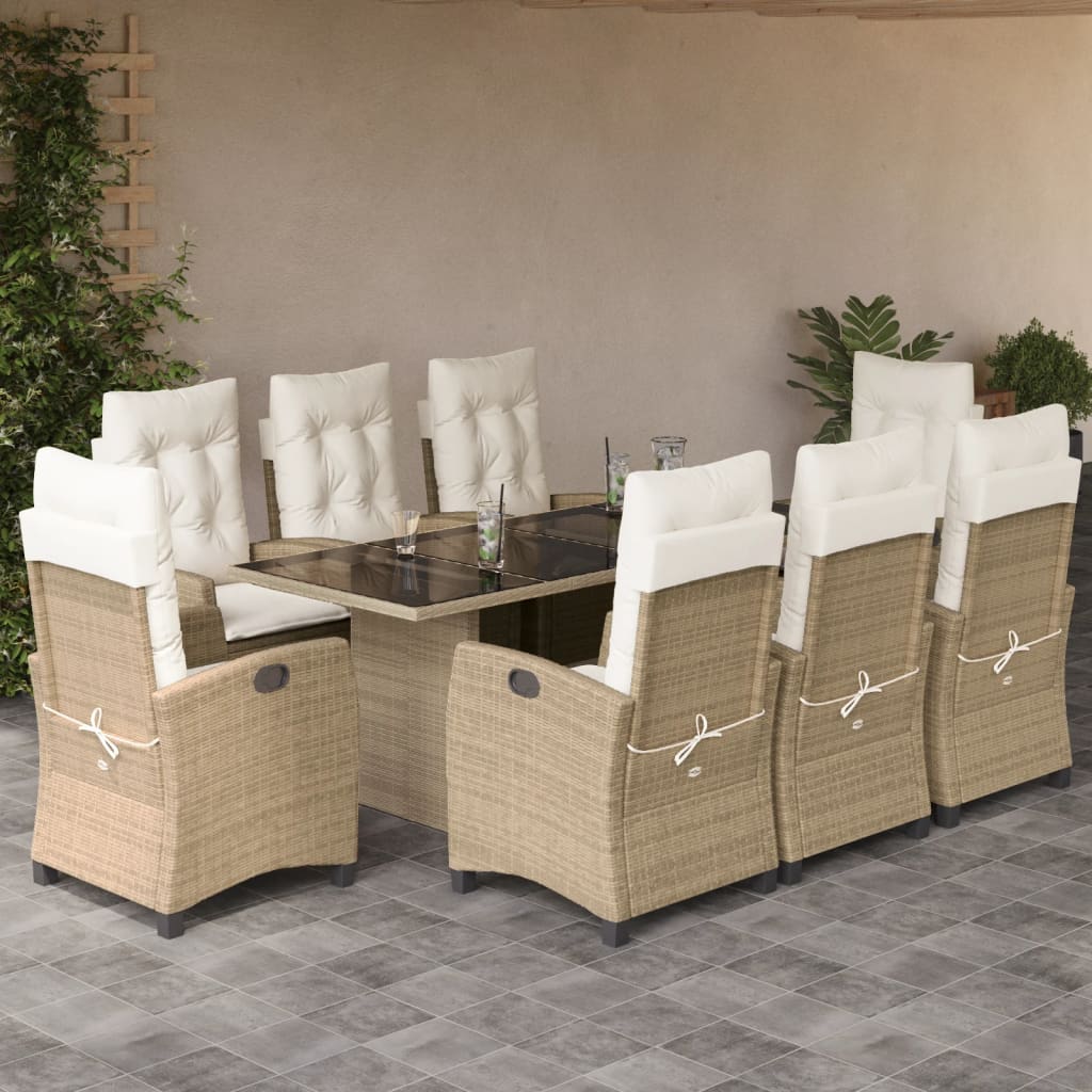 9-piece beige polyrattan garden sofa set with glass table for outdoor dining and lounging