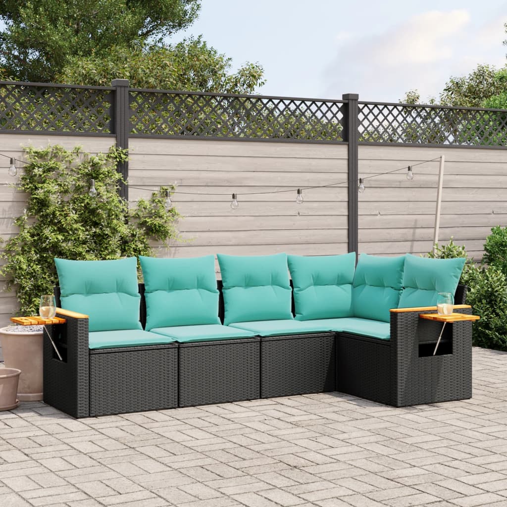 vidaXL 5 Piece Patio Sofa Set with Cushions Black Poly Rattan-0