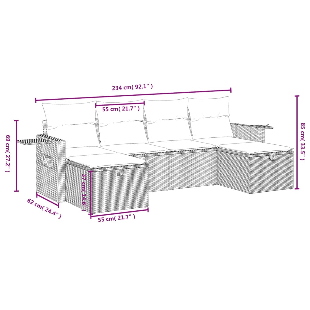 vidaXL 6 Piece Patio Sofa Set with Cushions Black Poly Rattan-1