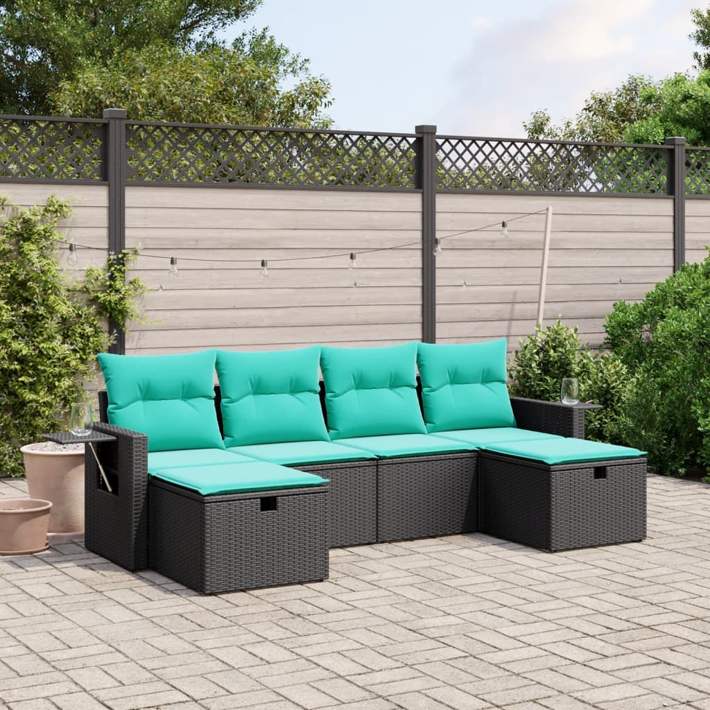 vidaXL 6 Piece Patio Sofa Set with Cushions Black Poly Rattan-0