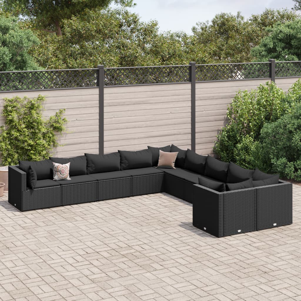 vidaXL 11 Piece Patio Sofa Set with Cushions Black Poly Rattan-6