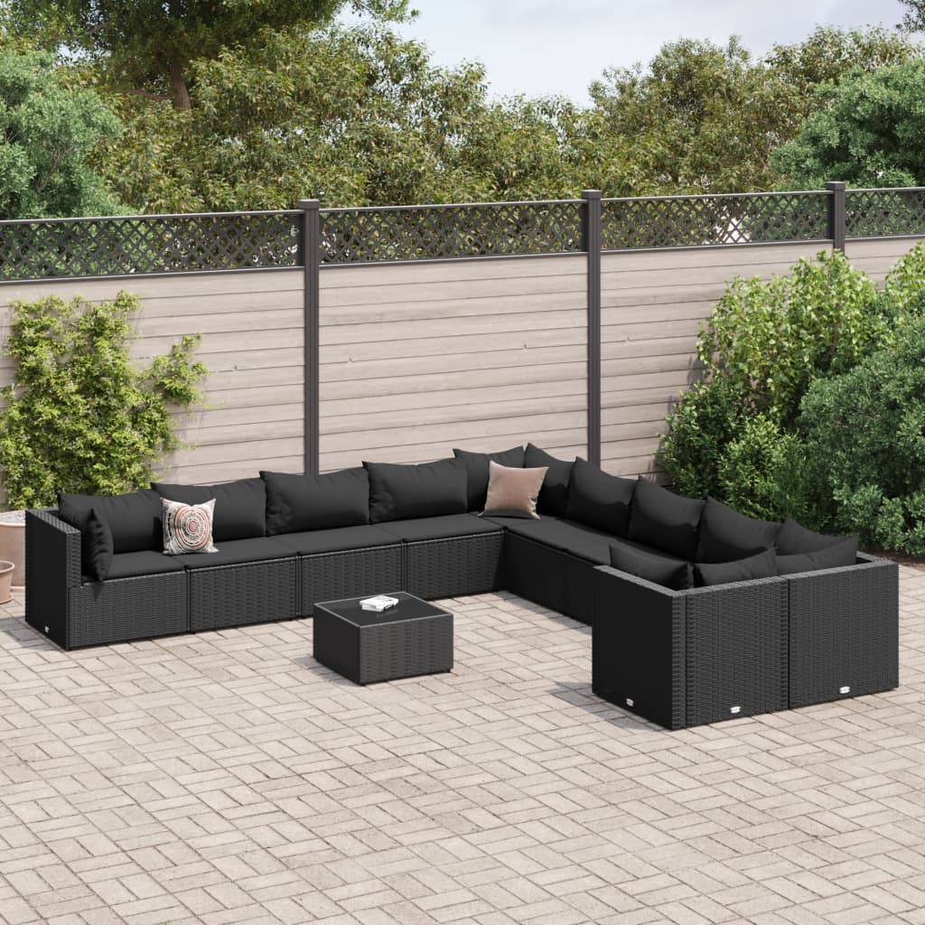 vidaXL 11 Piece Patio Sofa Set with Cushions Black Poly Rattan-5
