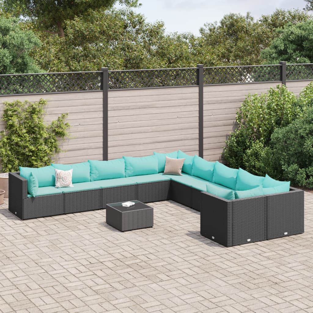 vidaXL 11 Piece Patio Sofa Set with Cushions Black Poly Rattan-7