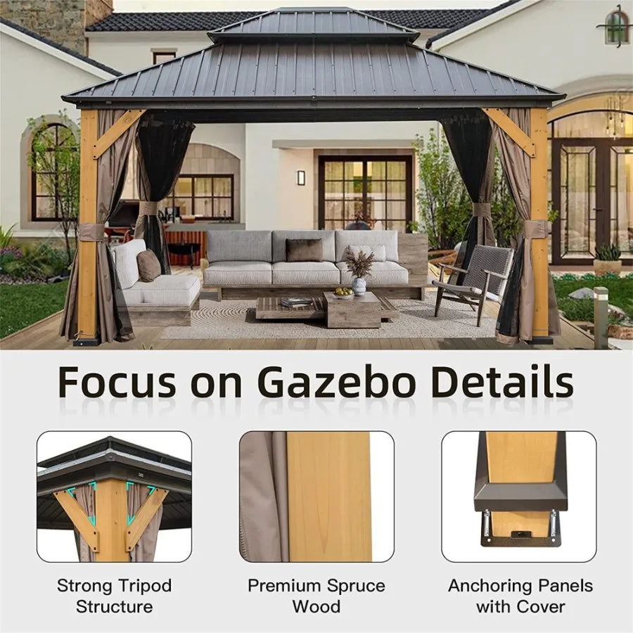 12'x14' Hardtop Gazebo Outdoor Cedar Wood Frame Canopy with Galvanized Steel Double Roof Outdoor Permanent Metal Pavilion with