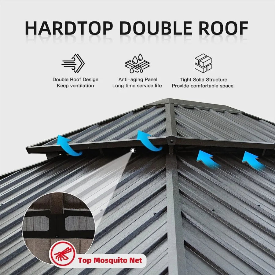 12'x14' Hardtop Gazebo Outdoor Cedar Wood Frame Canopy with Galvanized Steel Double Roof Outdoor Permanent Metal Pavilion with